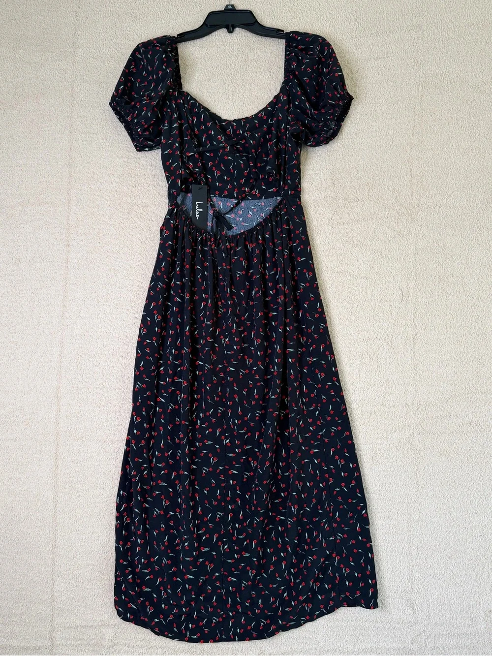 Lulus Compelling Flirt Black Floral Lace-Up Puff Sleeve Midi Dress Size S NWT - Picture 6 of 11